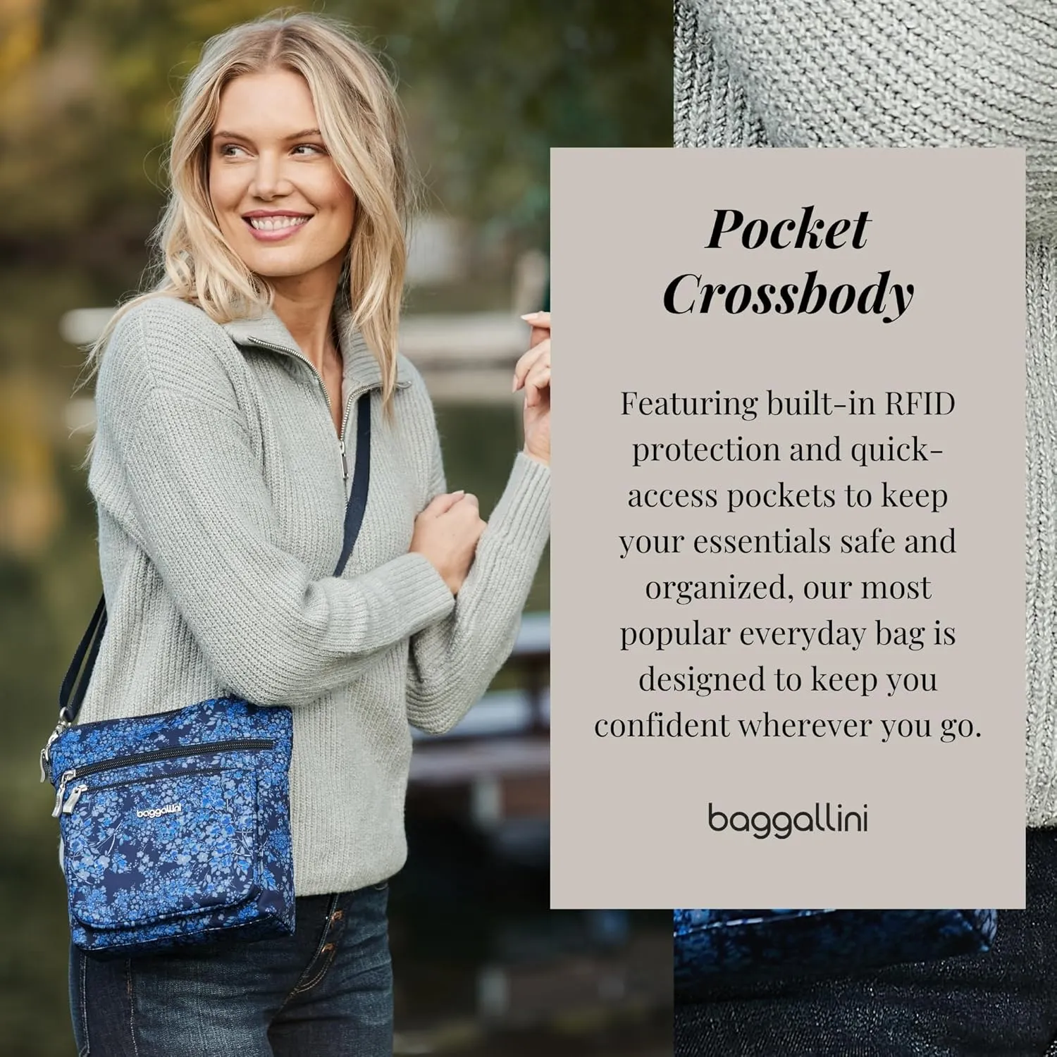 Baggallini Pocket Crossbody Bags for Women 8x8 Small Lightweight Durable Nylon Water-resistant Travel Purse W/Rfid Wristlet