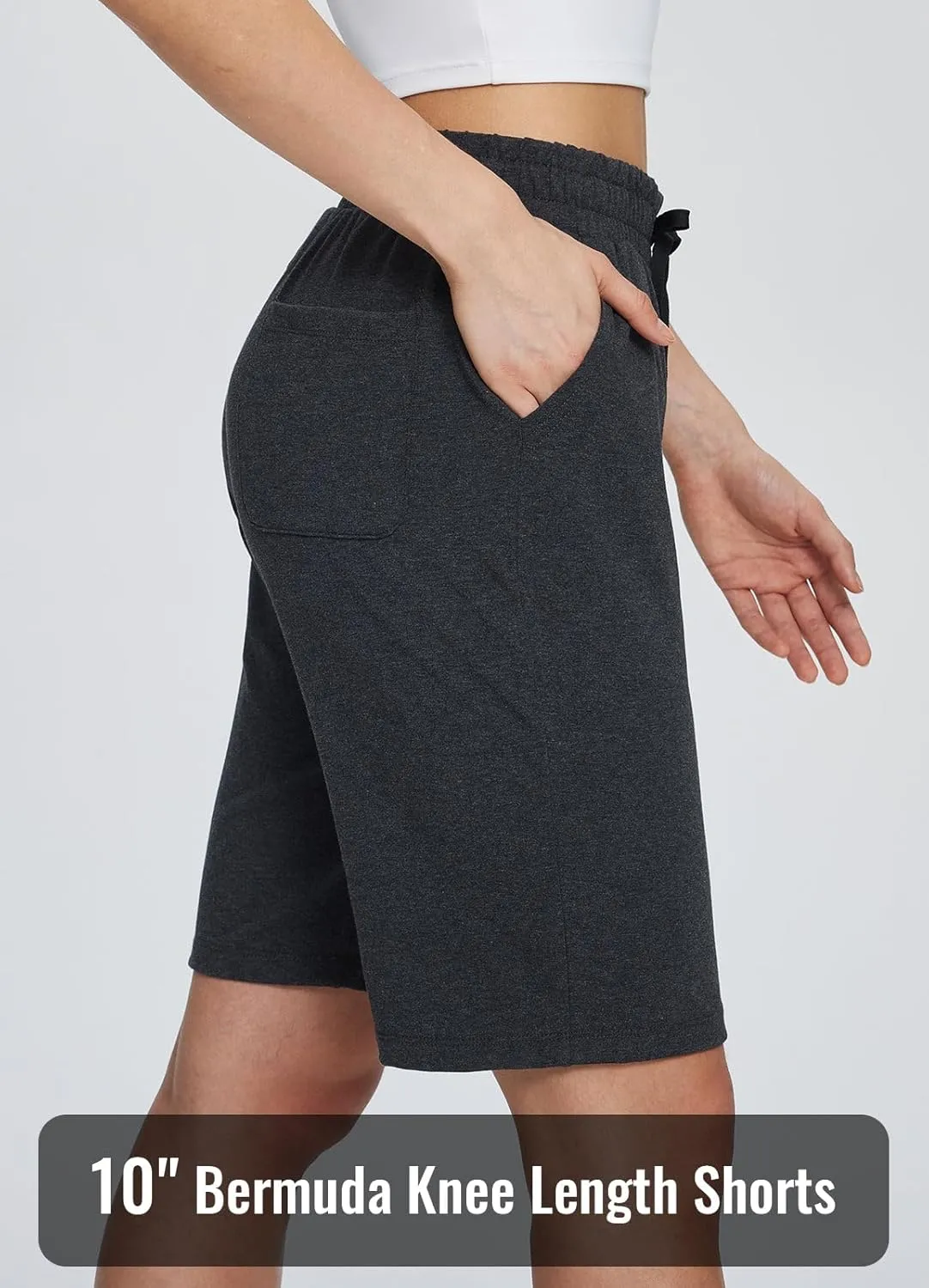 baleaf Women's Cotton Bermuda Long Shorts 10" Knee Length Loose Drawstring Waist Sweat Shorts with Pockets Casual Summer