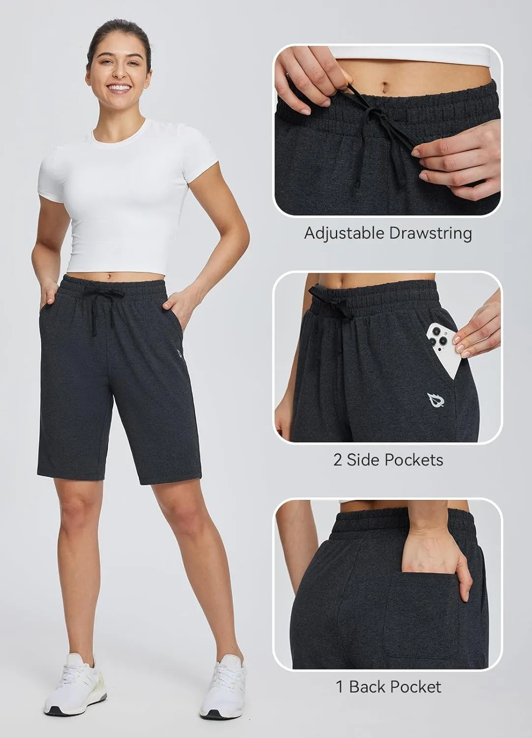 baleaf Women's Cotton Bermuda Long Shorts 10" Knee Length Loose Drawstring Waist Sweat Shorts with Pockets Casual Summer