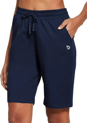 baleaf Women's Cotton Bermuda Long Shorts 10" Knee Length Loose Drawstring Waist Sweat Shorts with Pockets Casual Summer