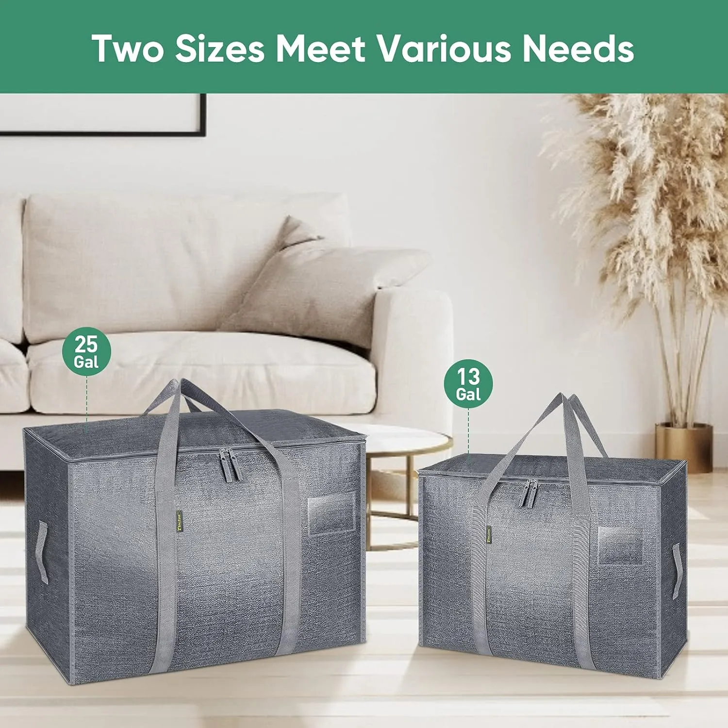 BALEINE 25 Gallon Moving Totes with Reinforced Handles, Heavy-Duty UnderBed Storage Bag for Moving Boxes, Clothes, Travel (4 Pack, Grey)
