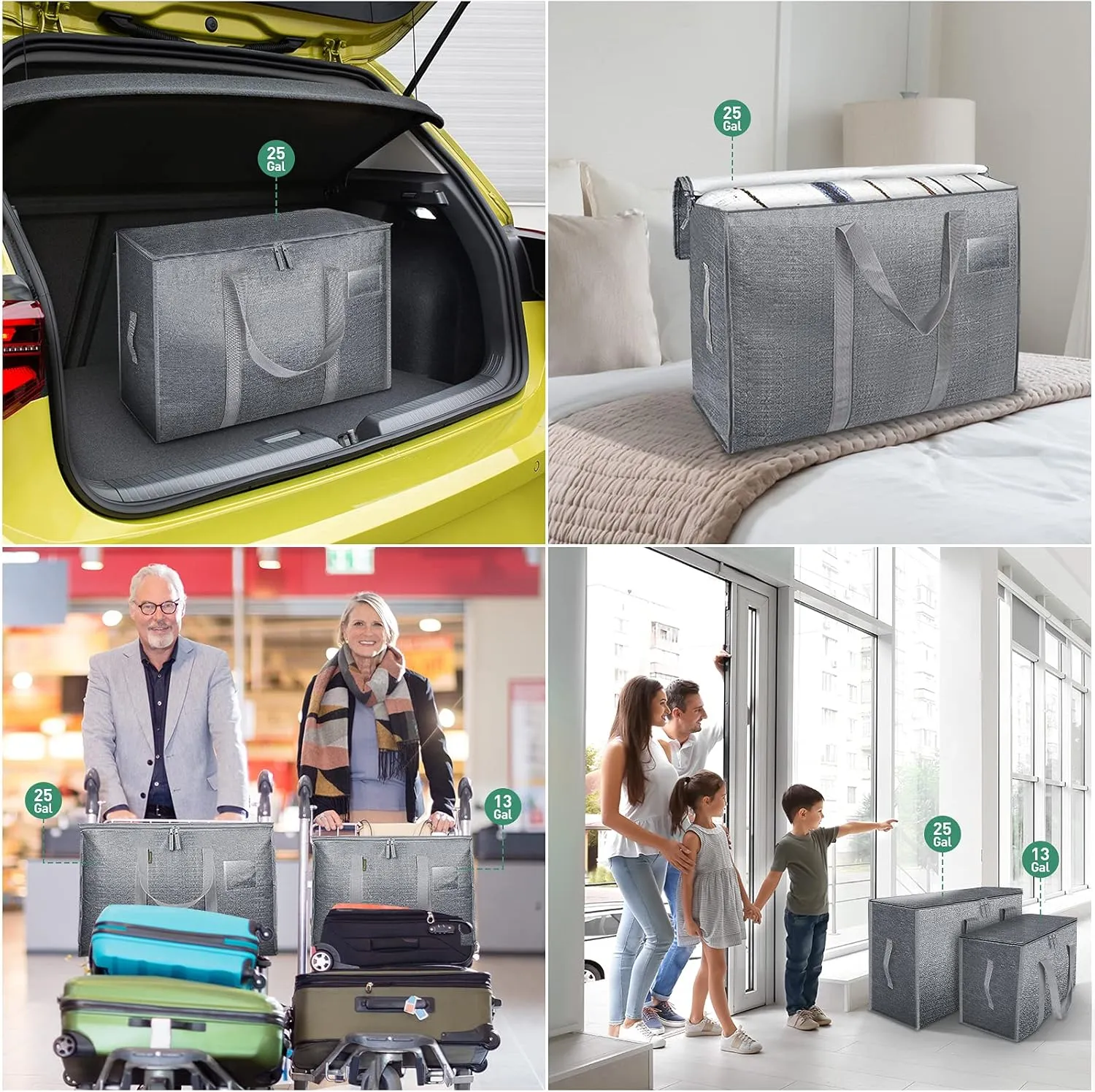BALEINE 25 Gallon Moving Totes with Reinforced Handles, Heavy-Duty UnderBed Storage Bag for Moving Boxes, Clothes, Travel (4 Pack, Grey)
