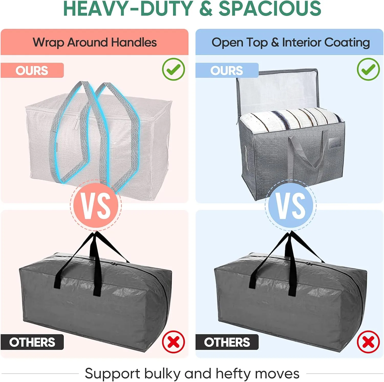 BALEINE 25 Gallon Moving Totes with Reinforced Handles, Heavy-Duty UnderBed Storage Bag for Moving Boxes, Clothes, Travel (4 Pack, Grey)