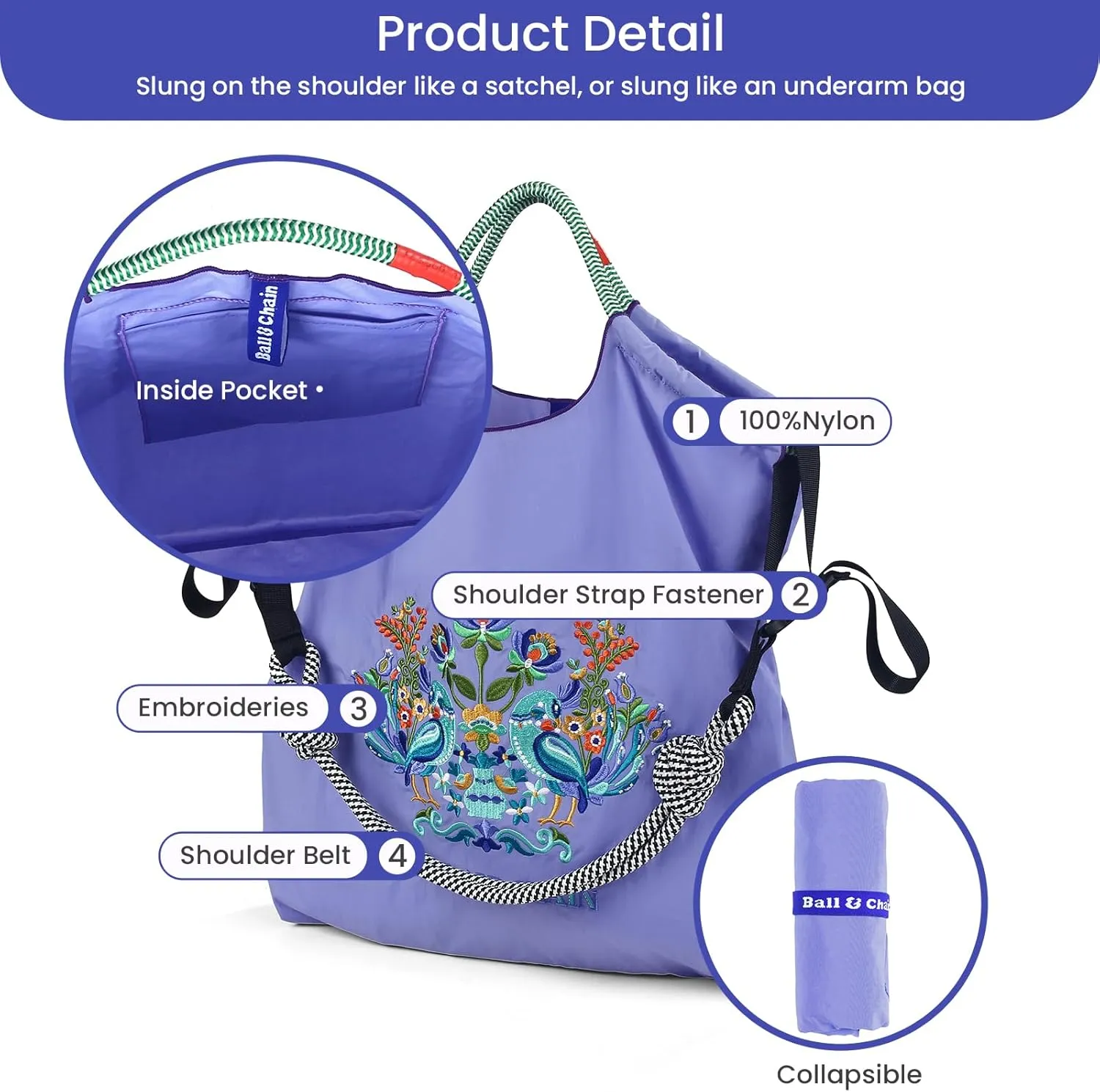 Ball&Chain Shoulder Tote Bag for Women, Nylon Top-Handle, Foldable Weekend Handbag with Pockets