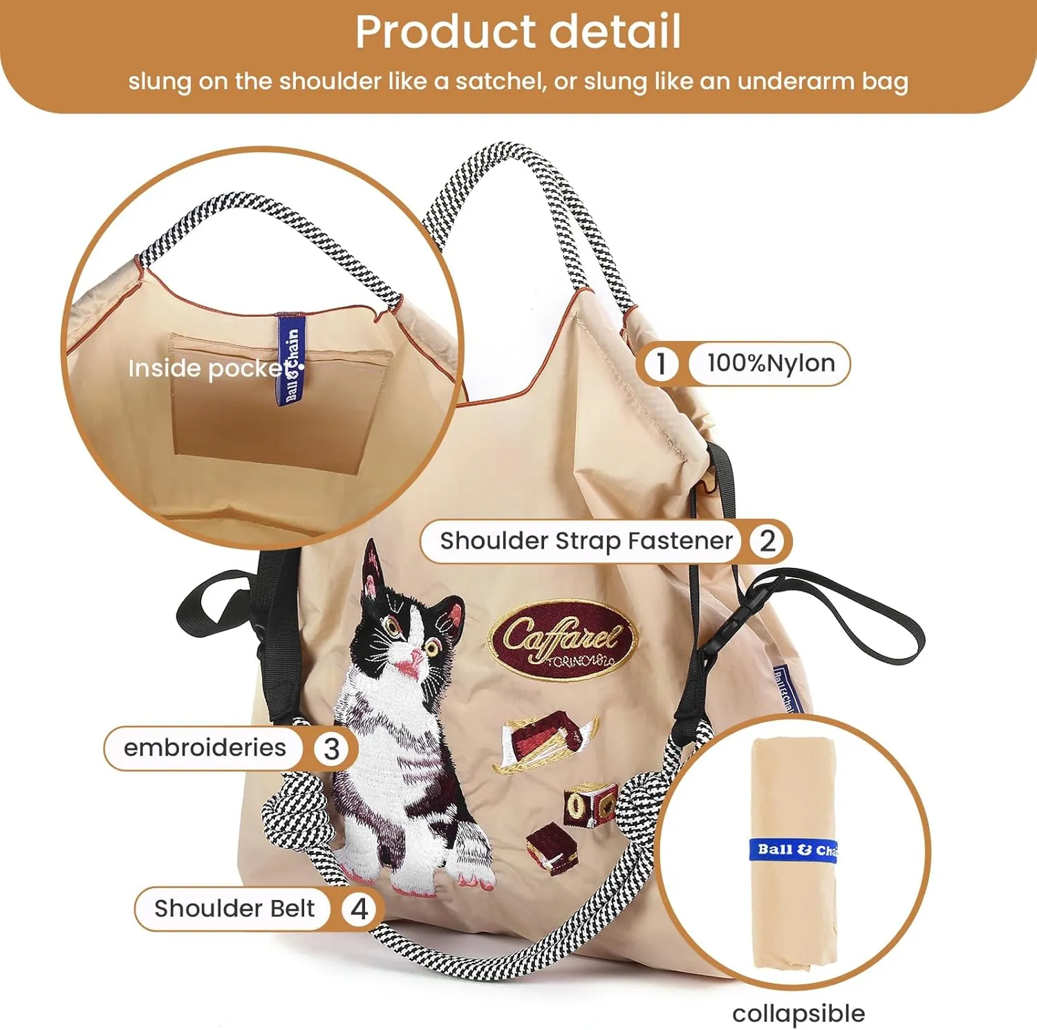 Ball&Chain Tote Bags for Women Nylon Embroidery Tote Purse Crossbody Bags with Pockets Shoulder Handbags for Work