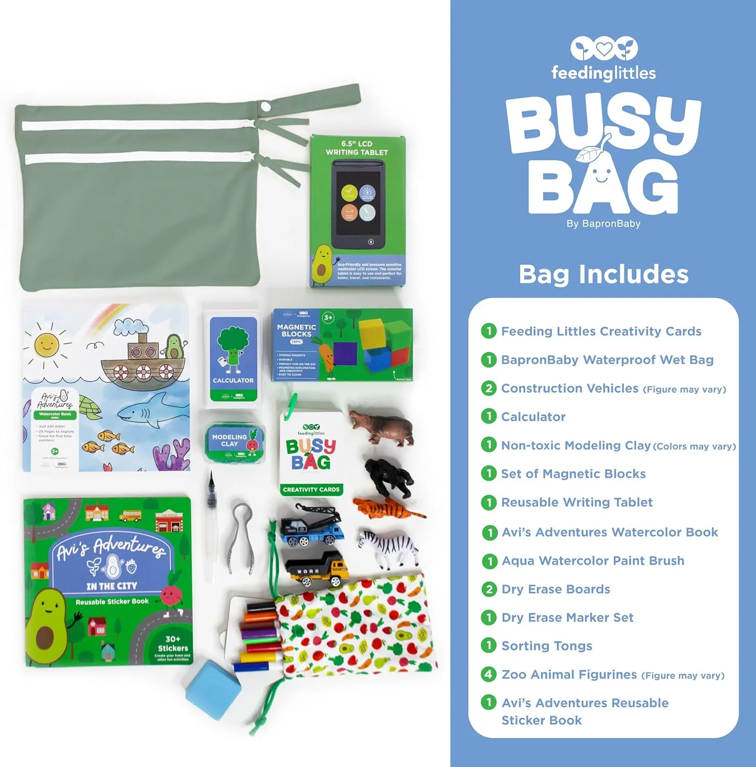 BapronBaby Feeding Littles Busy Bag (Sage) - Toddler Travel Activity Kit, Restaurant Activity Kit for Independent and Family-Wide Play, Age 3 