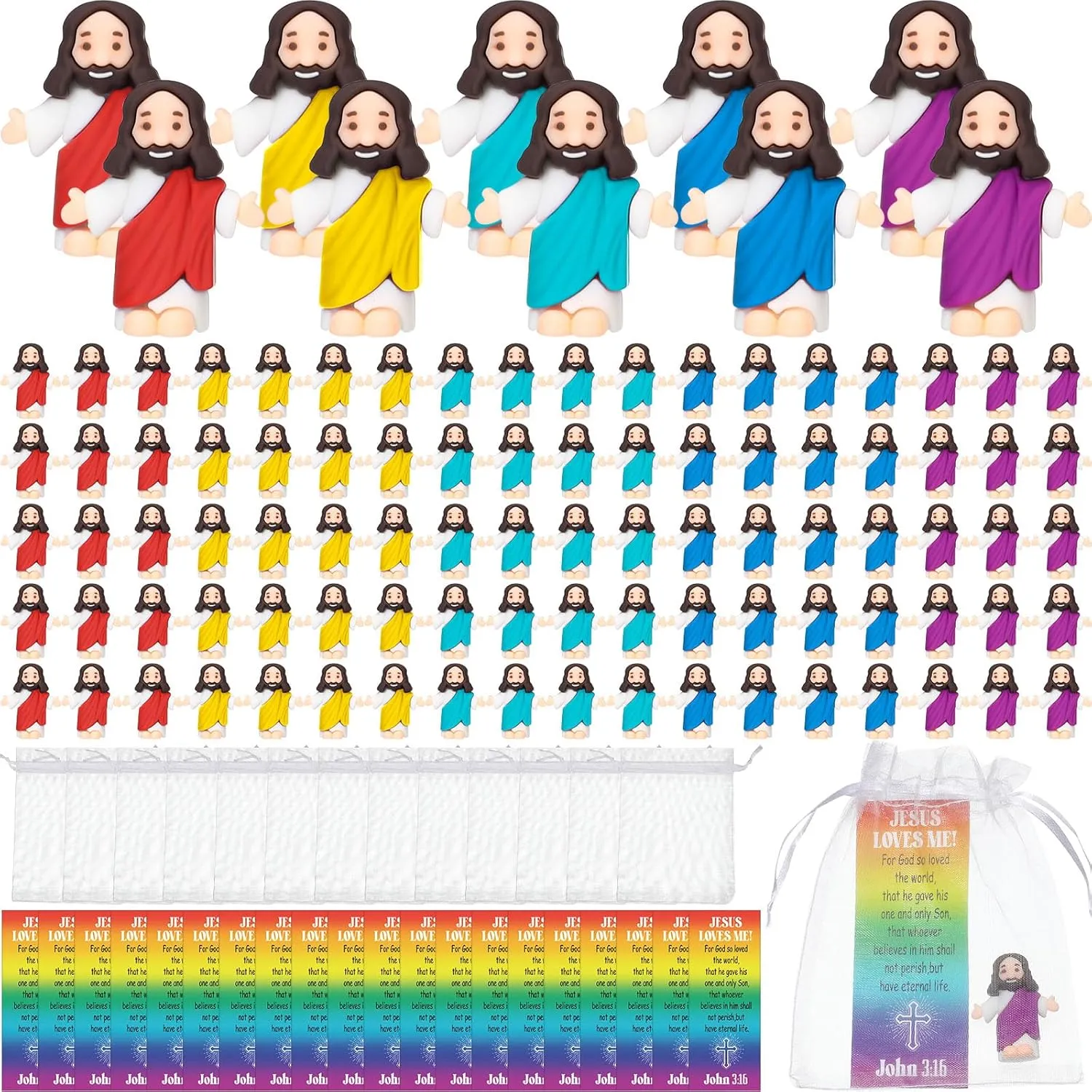 Barydat 75 Sets Mini Jesus Figurines Easter Toys Little Tiny Jesus Figures with Scripture Prayer Cards and Organza Bags Religious Gifts Party Favors for Church Hide Sunday School Baptism(Multicolored)