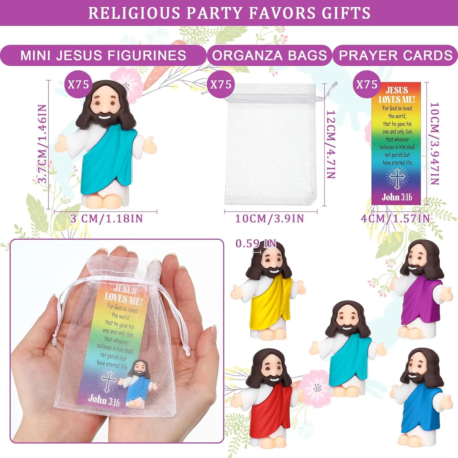 Barydat 75 Sets Mini Jesus Figurines Easter Toys Little Tiny Jesus Figures with Scripture Prayer Cards and Organza Bags Religious Gifts Party Favors for Church Hide Sunday School Baptism(Multicolored)