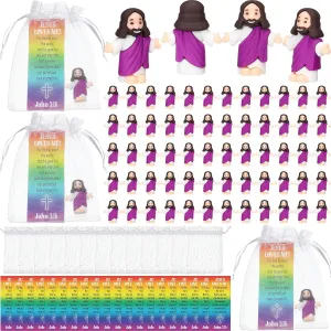 Barydat 75 Sets Mini Jesus Figurines Easter Toys Little Tiny Jesus Figures with Scripture Prayer Cards and Organza Bags Religious Gifts Party Favors for Church Hide Sunday School Baptism(Purple)