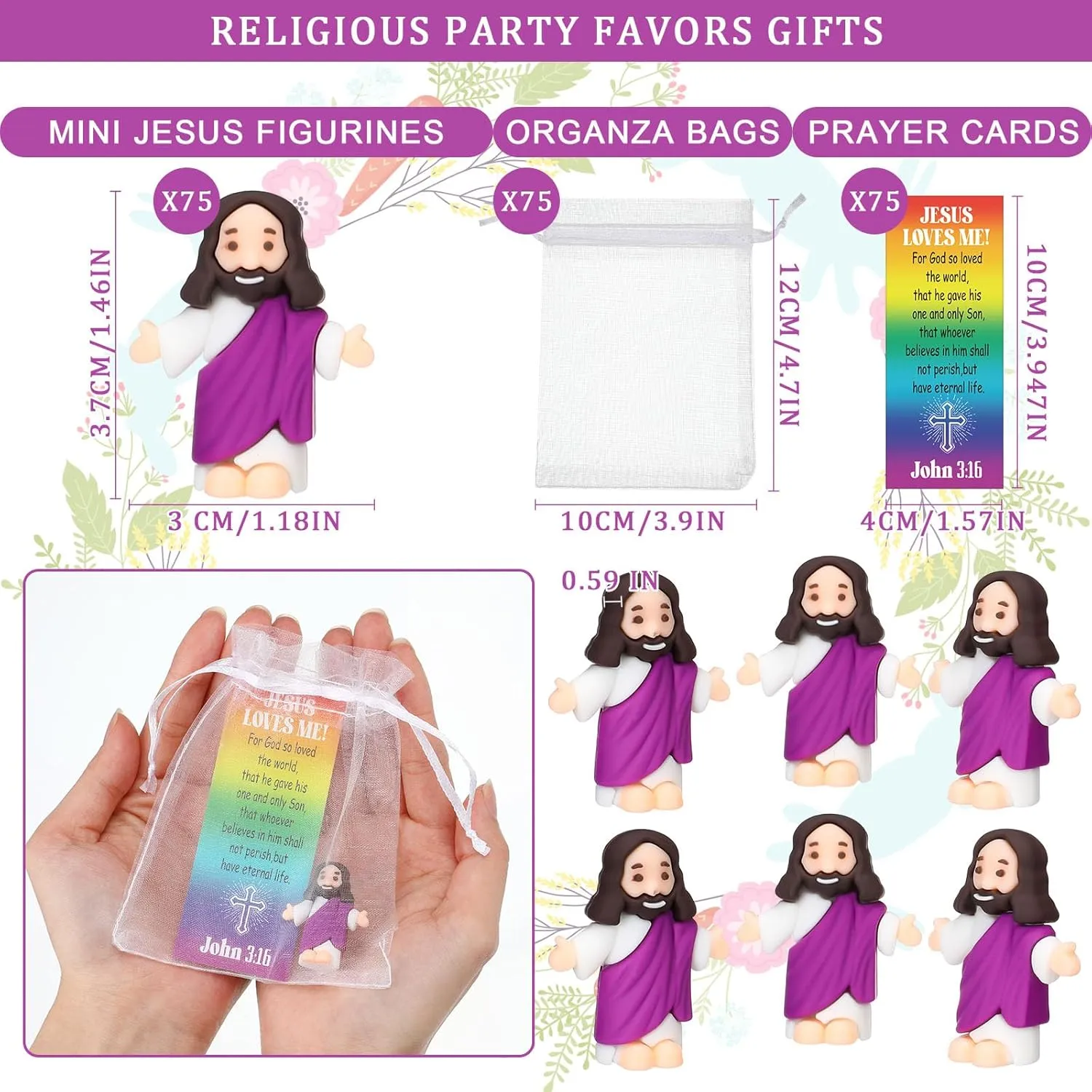 Barydat 75 Sets Mini Jesus Figurines Easter Toys Little Tiny Jesus Figures with Scripture Prayer Cards and Organza Bags Religious Gifts Party Favors for Church Hide Sunday School Baptism(Purple)