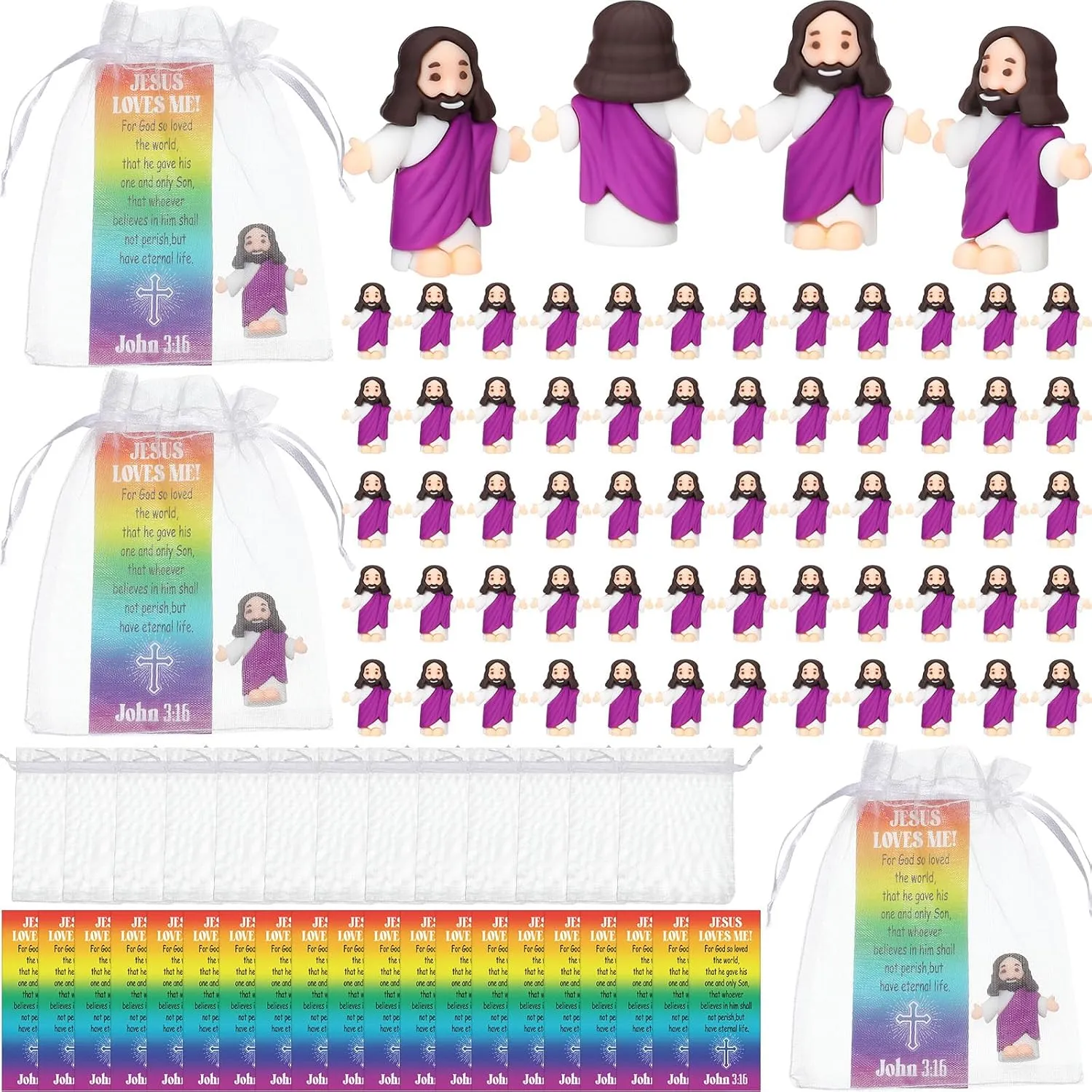 Barydat 75 Sets Mini Jesus Figurines Easter Toys Little Tiny Jesus Figures with Scripture Prayer Cards and Organza Bags Religious Gifts Party Favors for Church Hide Sunday School Baptism(Purple)