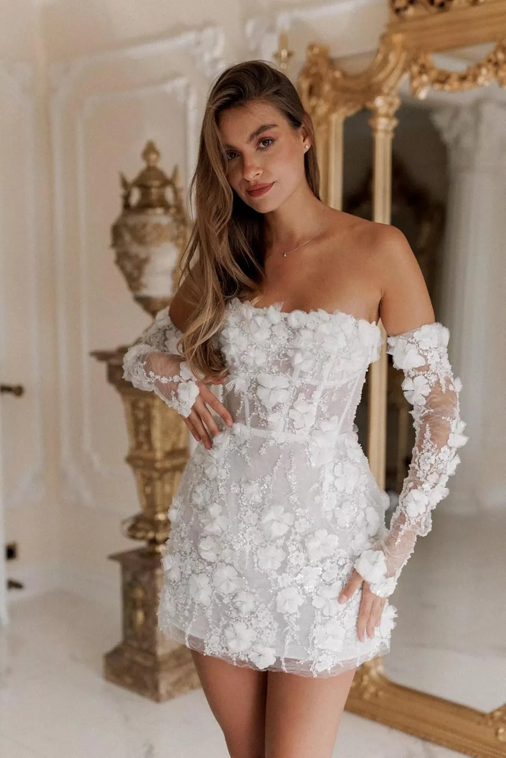 Basgute Short Wedding Dresses for Bride Beach Lace Applique Tulle Strapless Boho Corset Mini Bridal Dress