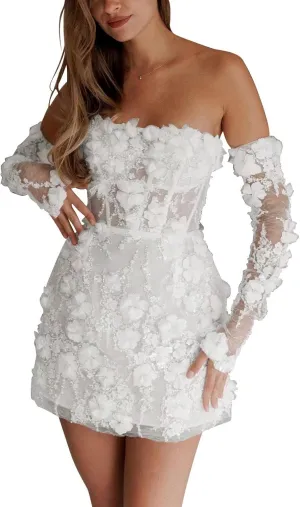 Basgute Short Wedding Dresses for Bride Beach Lace Applique Tulle Strapless Boho Corset Mini Bridal Dress