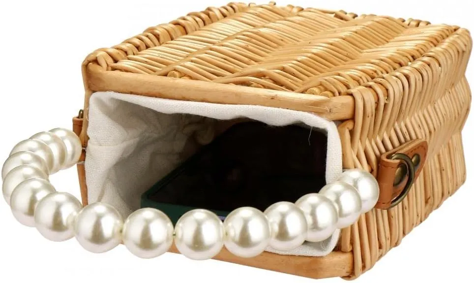 Beach Bag Purse for Women, Natural Hand-woven Rectangular Wicker Handbag, Pearl Basket Purse, Retro Summer Straw Tote Bag