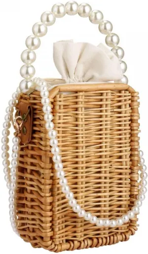 Beach Bag Purse for Women, Natural Hand-woven Rectangular Wicker Handbag, Pearl Basket Purse, Retro Summer Straw Tote Bag