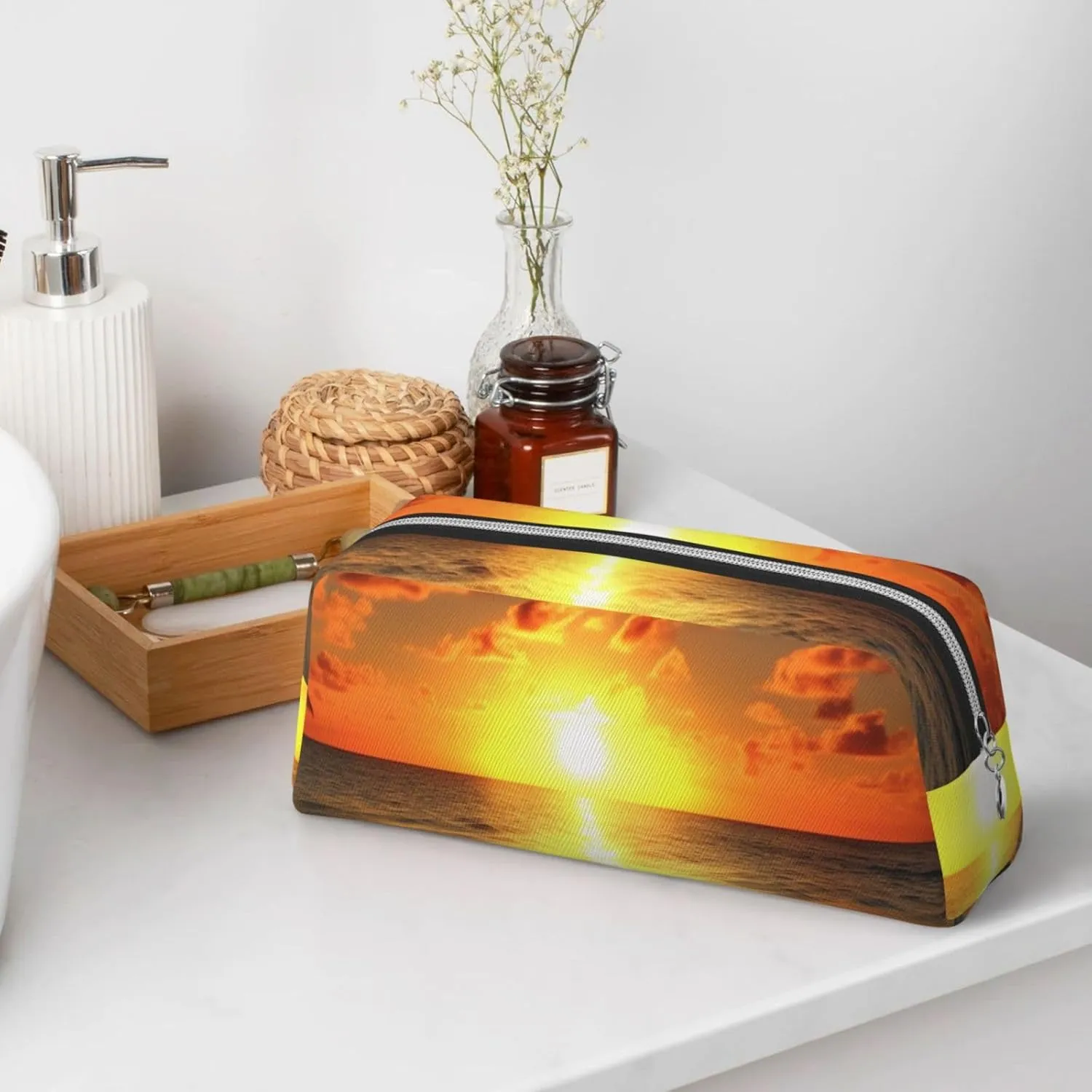 Beach Sunrise Makeup Bag Travel Toiletry Bag Big Pencil Bags for Women Men Leather Zipper Coin Pouch Purse