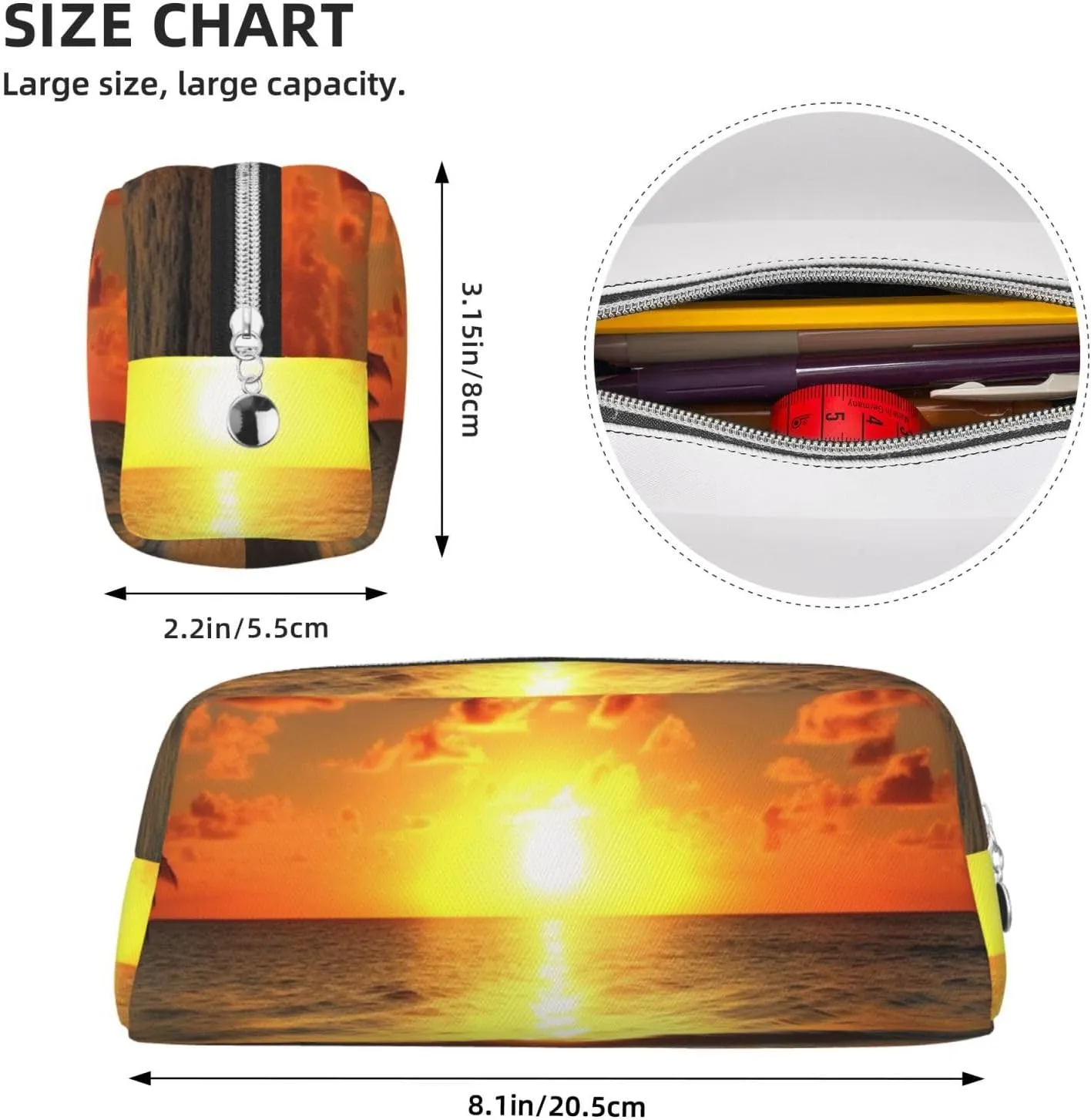 Beach Sunrise Makeup Bag Travel Toiletry Bag Big Pencil Bags for Women Men Leather Zipper Coin Pouch Purse