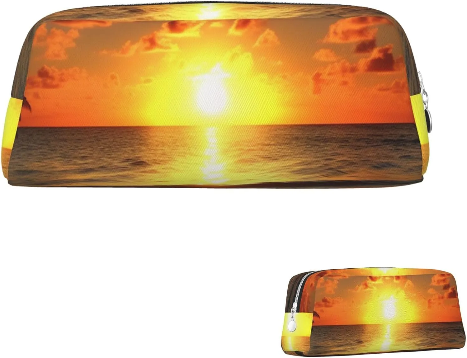 Beach Sunrise Makeup Bag Travel Toiletry Bag Big Pencil Bags for Women Men Leather Zipper Coin Pouch Purse