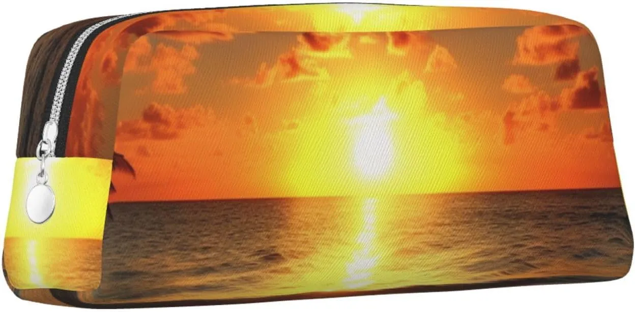 Beach Sunrise Makeup Bag Travel Toiletry Bag Big Pencil Bags for Women Men Leather Zipper Coin Pouch Purse