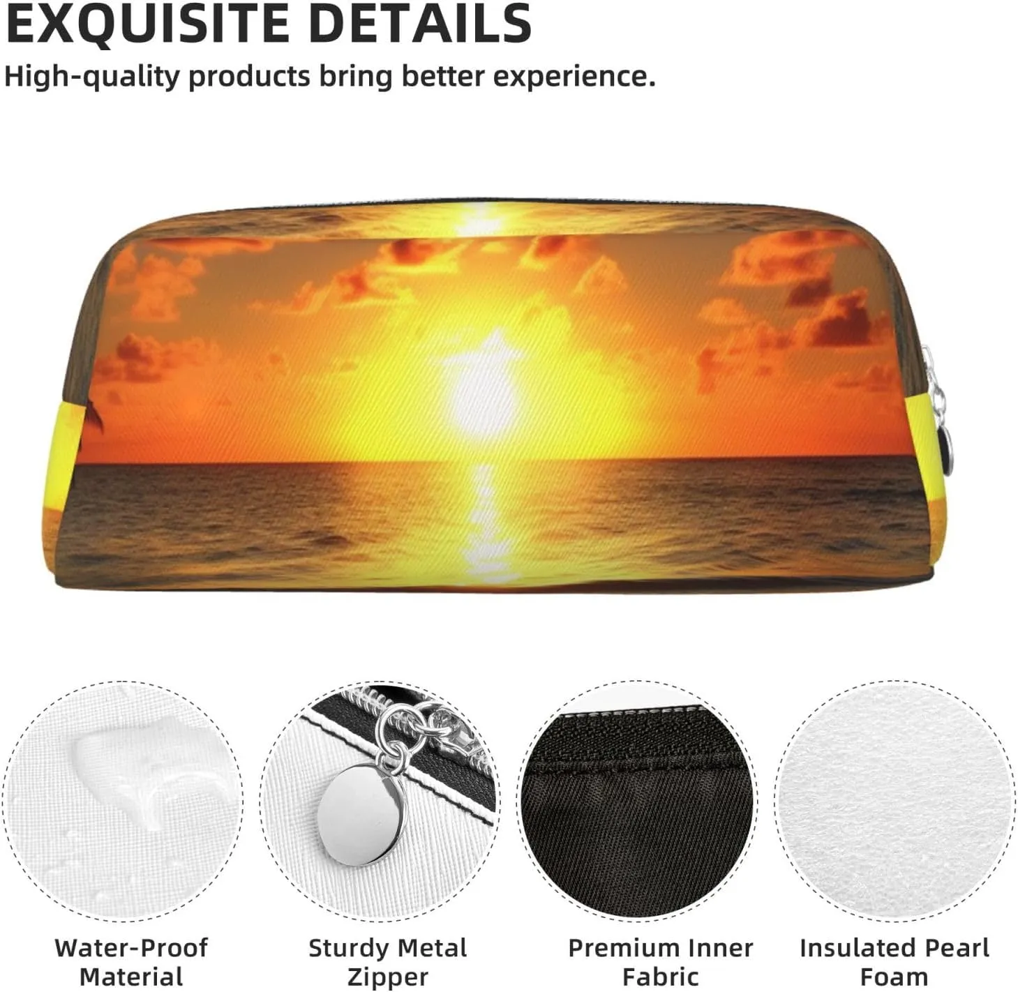 Beach Sunrise Makeup Bag Travel Toiletry Bag Big Pencil Bags for Women Men Leather Zipper Coin Pouch Purse