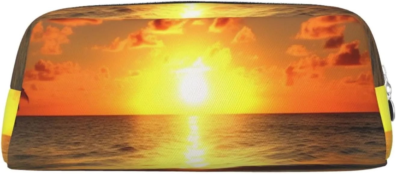 Beach Sunrise Makeup Bag Travel Toiletry Bag Big Pencil Bags for Women Men Leather Zipper Coin Pouch Purse