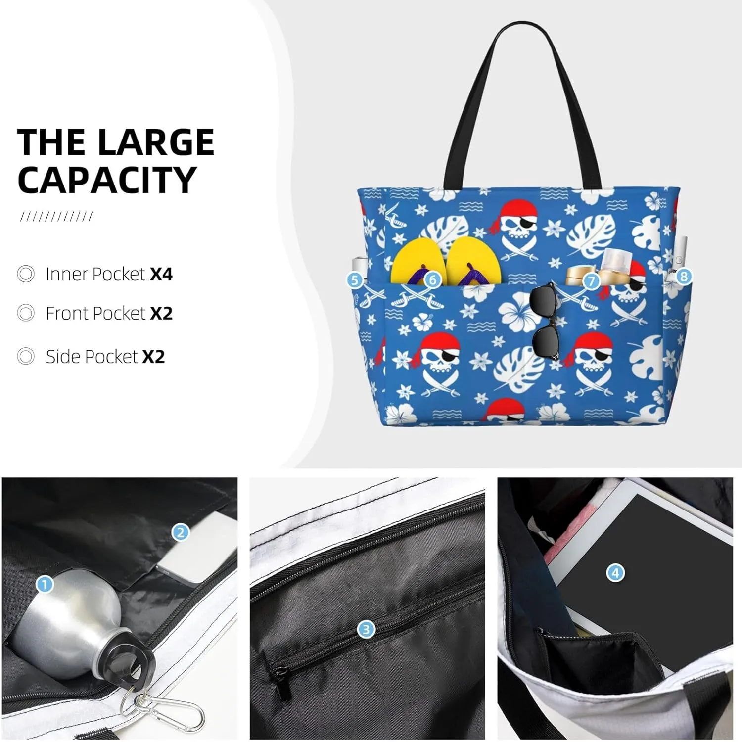 Beach Tote Pool Bag for Women Waterproof and Sand-proof Large Capacity with Zippers for Travel Vacation Gym