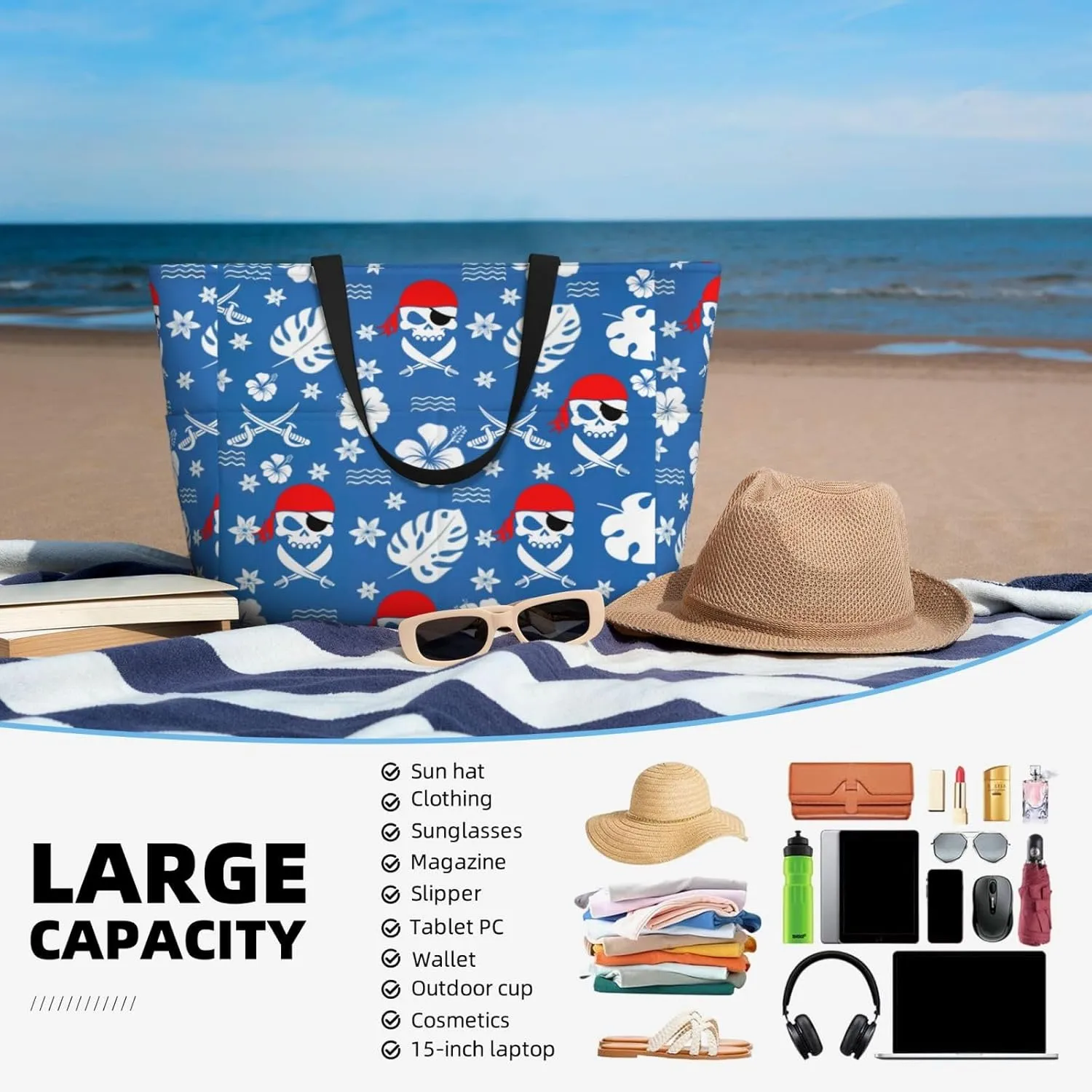 Beach Tote Pool Bag for Women Waterproof and Sand-proof Large Capacity with Zippers for Travel Vacation Gym