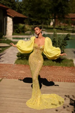 BEADED CORSET MAXI WITH DETACHABLE PUFF-SLEEVE