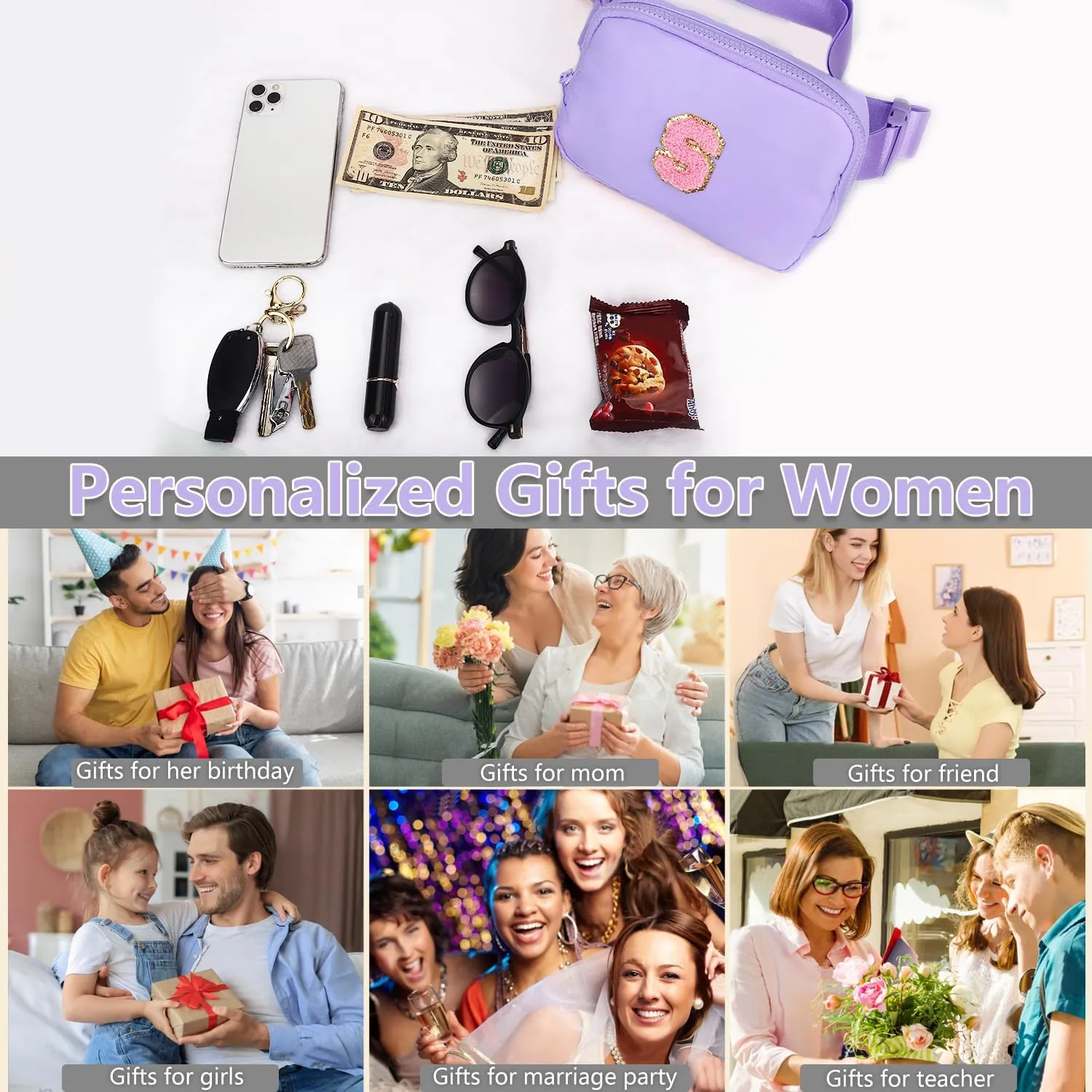 Belt Bag for Girls Birthday Gifts - Girls Fanny Pack Crossbody Bag Gifts for Teen Girls with Girls Initia Keychain Necklace K