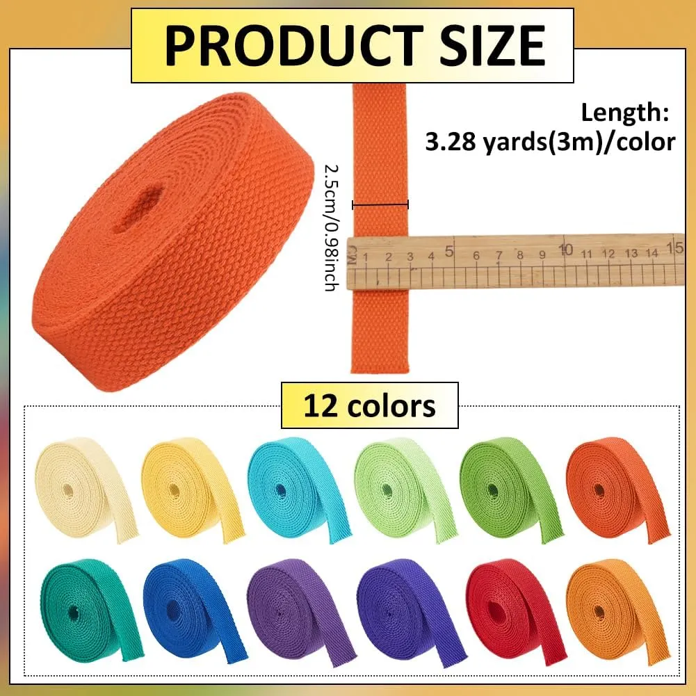 BENECREAT 39.37 Yards 12 Colors Heavy Polycotton Webbing, 1Inch Mixed Webbing Straps for Bags Handles, Tote Bag Webbing