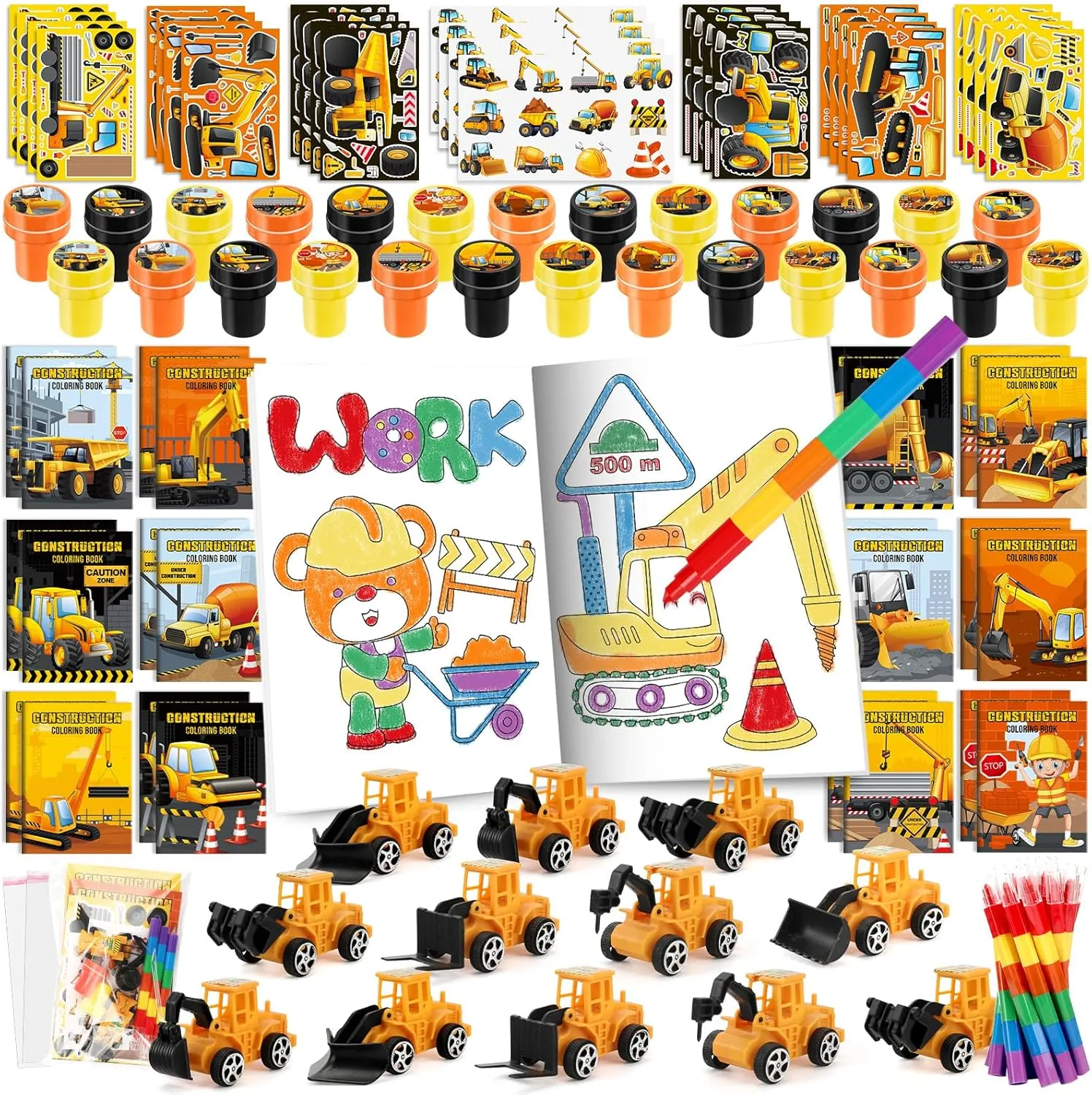 BenLouis 168Pcs Construction Party Favors Excavator Theme Coloring Books Crayons Sticker Set Bulk for Kids Construction Birthday Goodie Bag Stuffer Classroom Gifts Rewards Craft Pinata Fillers