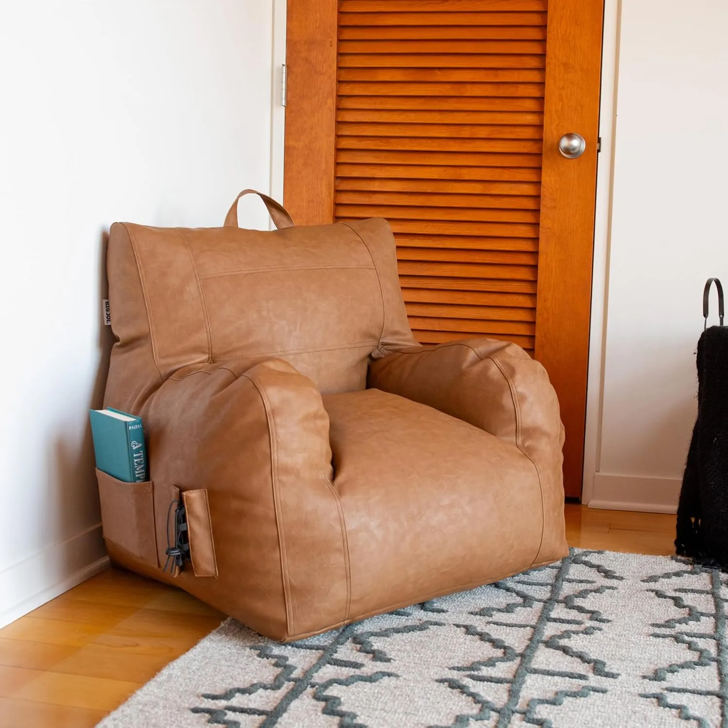 Big Joe Dorm Bean Bag Chair with Drink Holder and Pocket, Caramel Vegan Leather, Kids and Teens, 3 feet