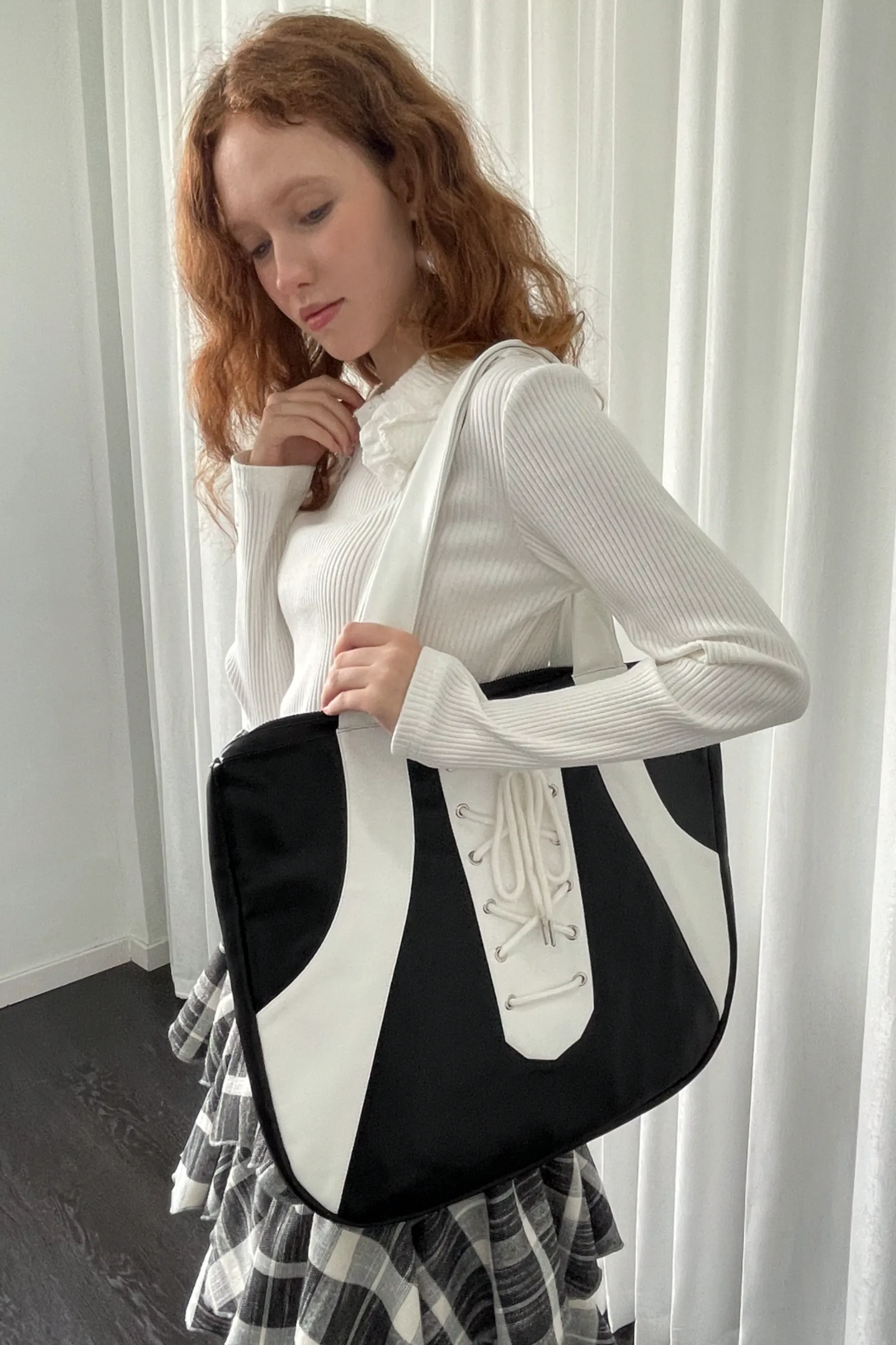 Black White Lace-Up Tote Bag