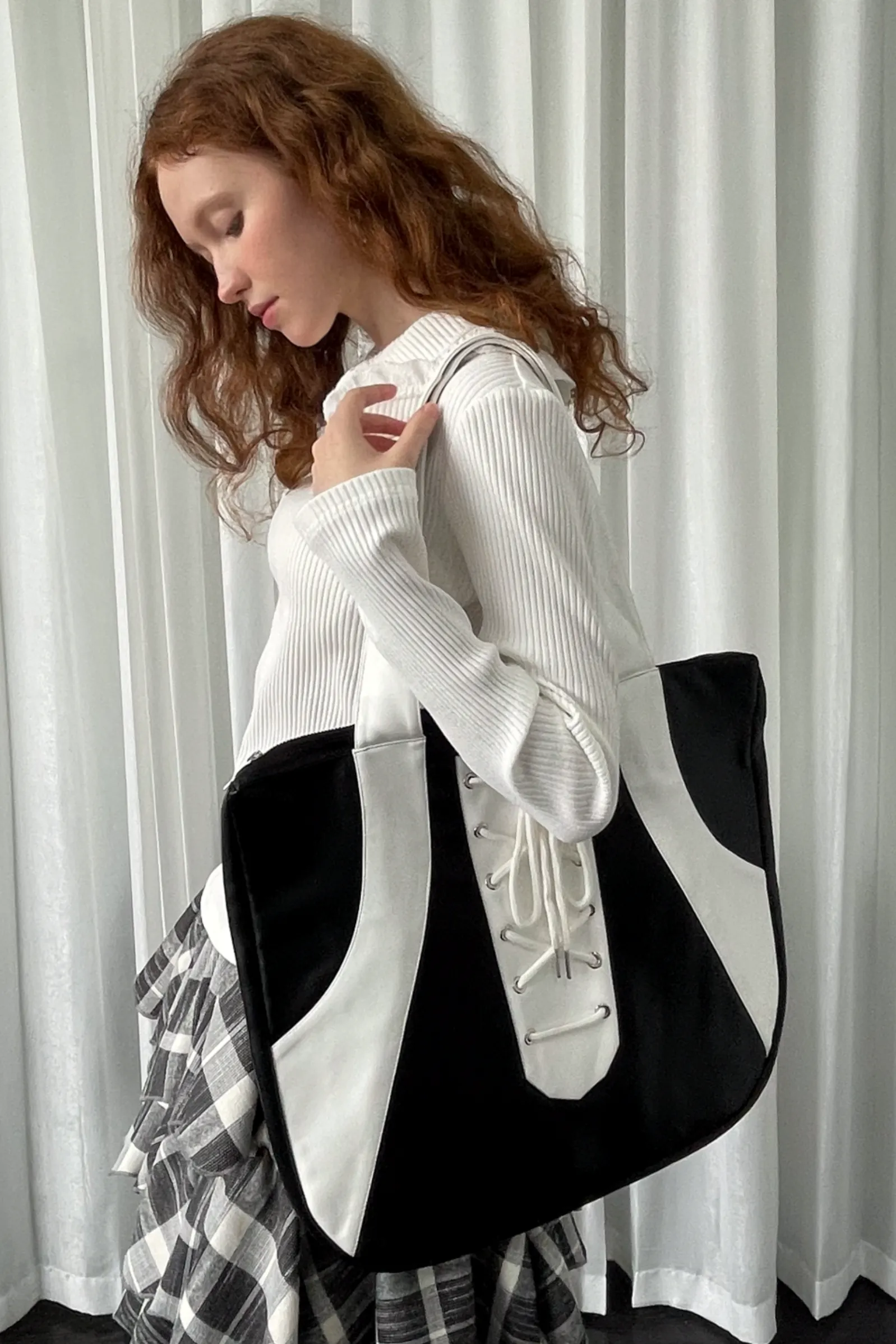 Black White Lace-Up Tote Bag