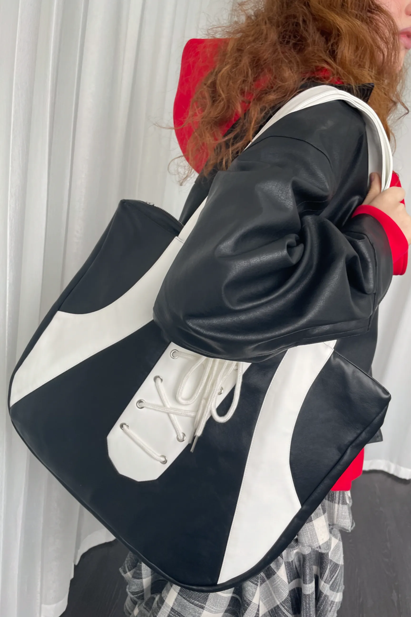 Black White Lace-Up Tote Bag