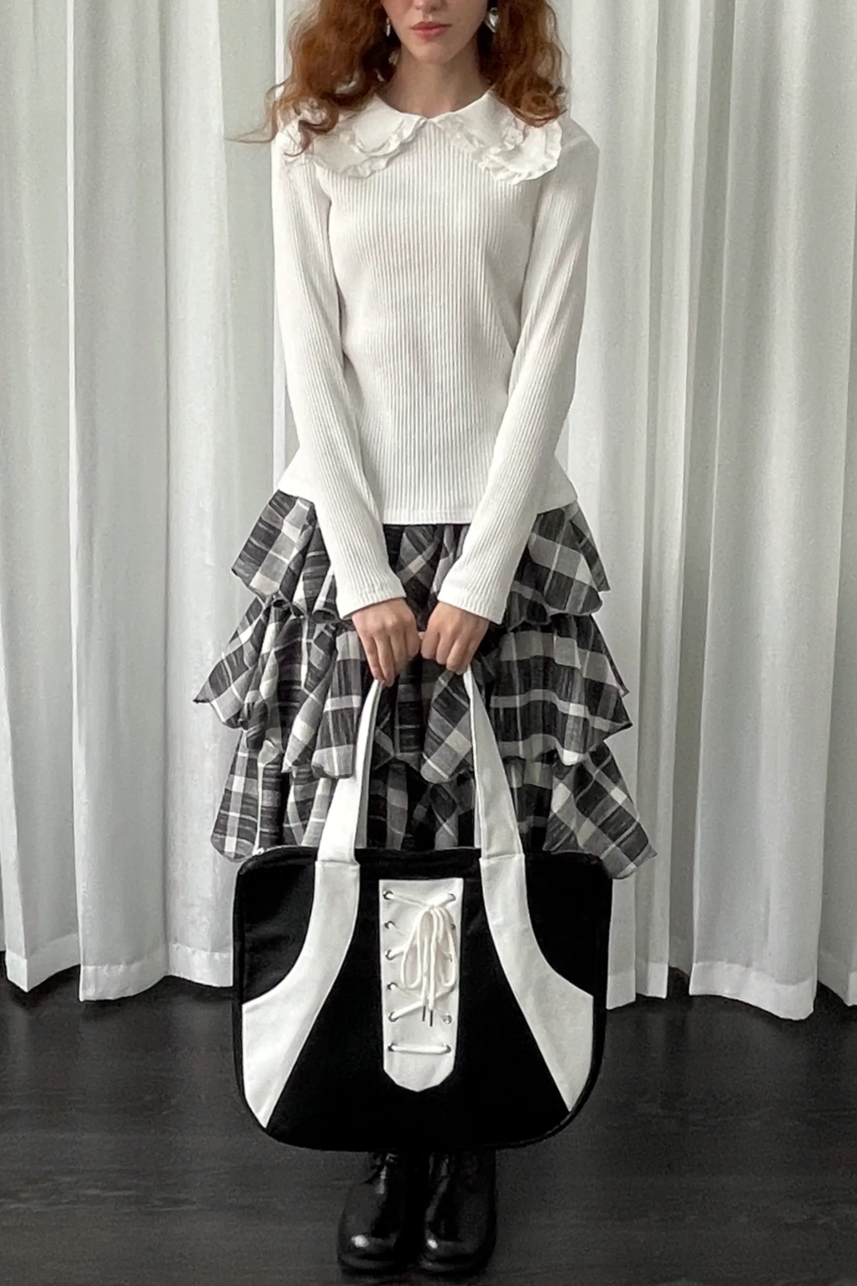 Black White Lace-Up Tote Bag
