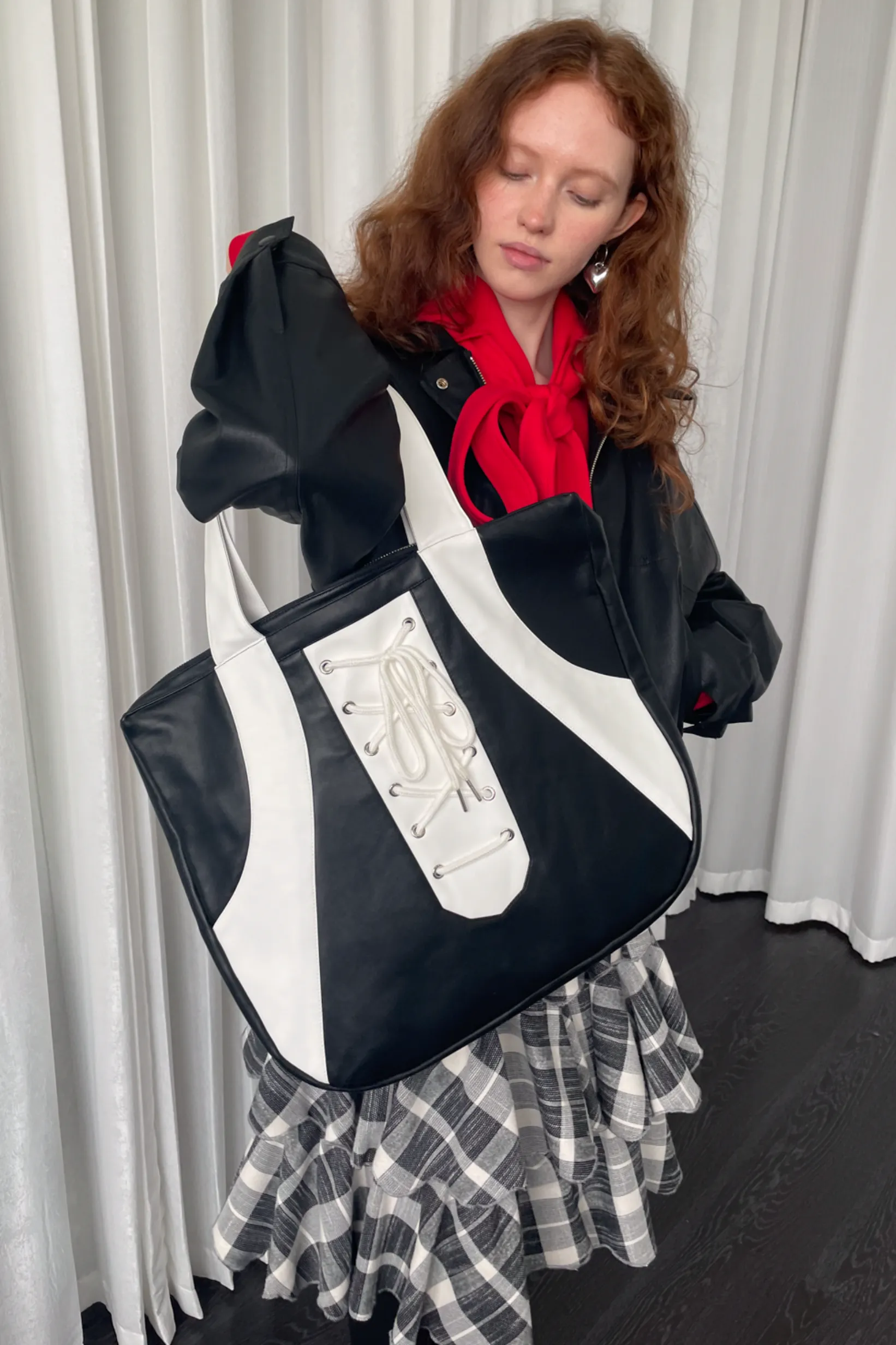 Black White Lace-Up Tote Bag