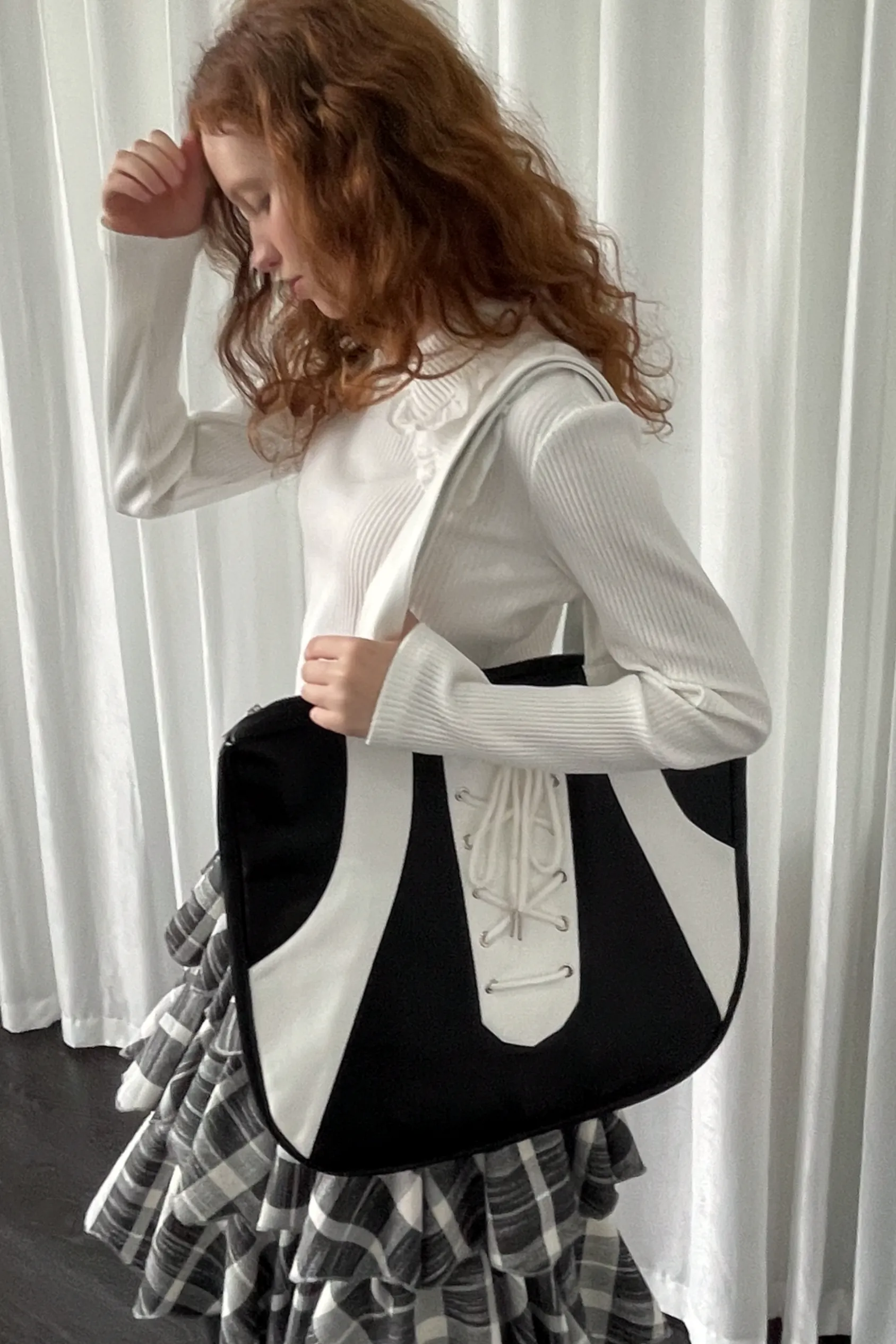 Black White Lace-Up Tote Bag