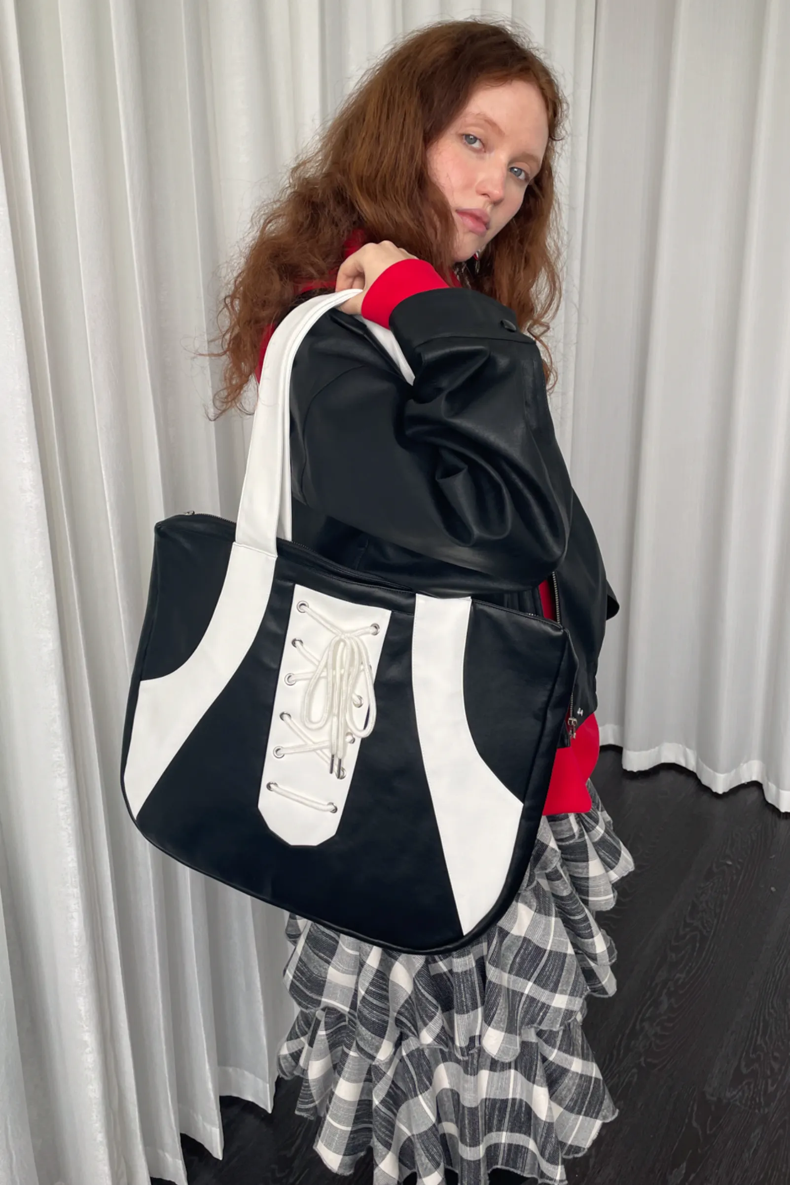 Black White Lace-Up Tote Bag