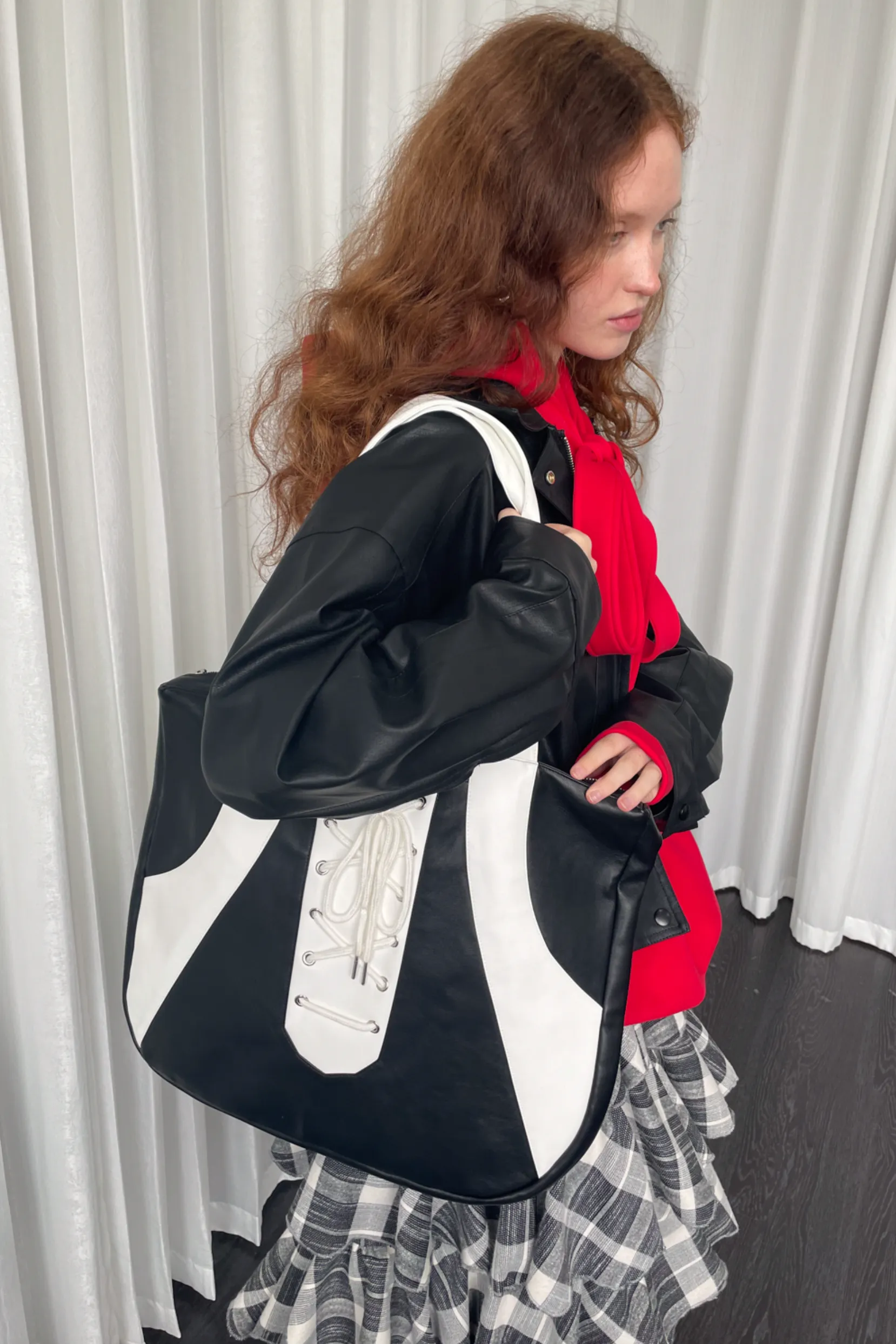 Black White Lace-Up Tote Bag