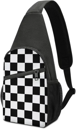 Black White Race Checkered Flag Printed Sling Bag Travel Daypack Crossbody Shoulder Backpack for Hiking Cycling