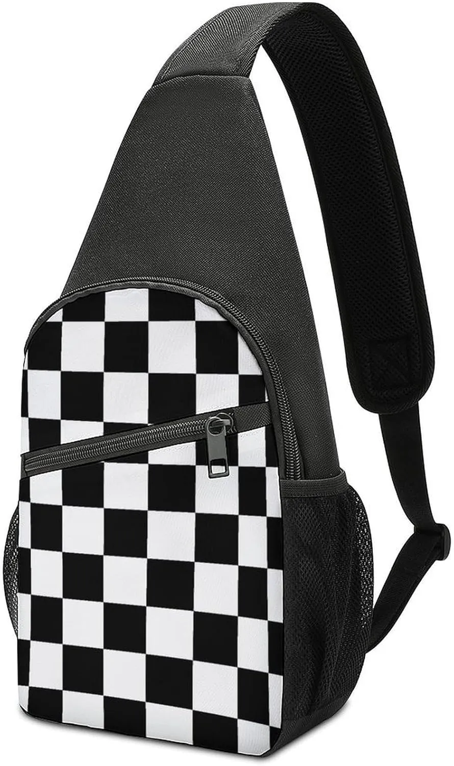 Black White Race Checkered Flag Printed Sling Bag Travel Daypack Crossbody Shoulder Backpack for Hiking Cycling