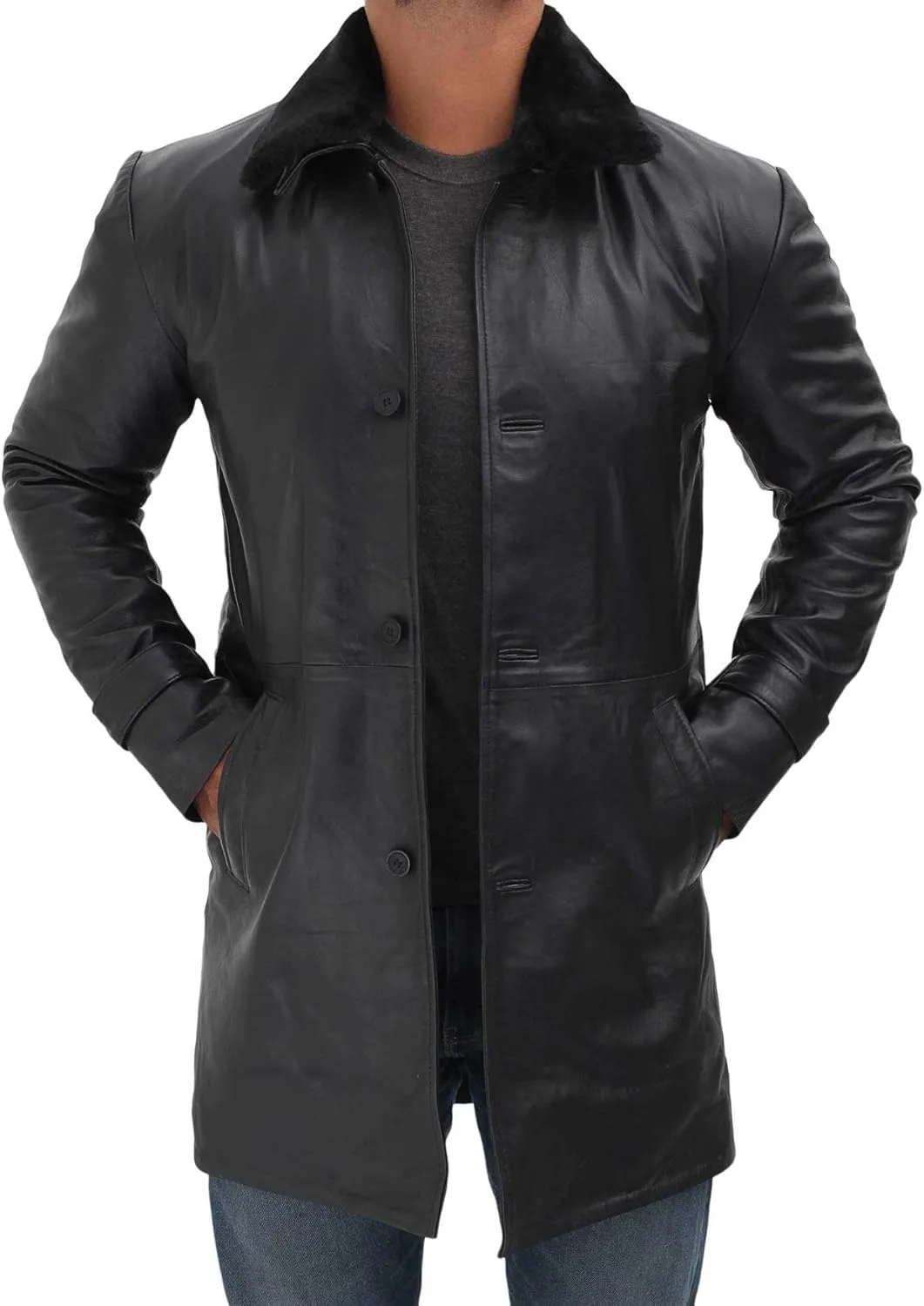 Blingsoul Black Trench Coat Men - Winter Shearling Long Leather Jackets For Men