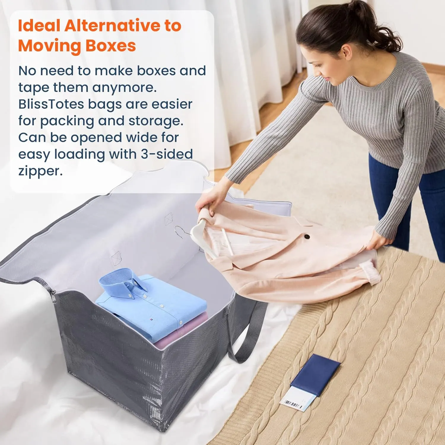 BlissTotes Large Moving Boxes and with Zippers & Handles Moving Supplies with lids, Heavy Duty Totes for Storage Bags for Space Saving, Fold Flat, Moving and Storing 125L, 4 Pack
