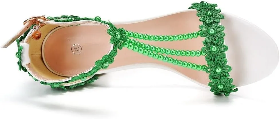 Block Heel Wedding Shoes for Bride Women Chunky Heeled Sandals Lace Beaded Bridal Shoes High heels