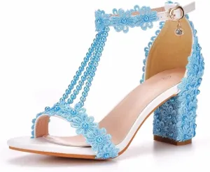 Block Heel Wedding Shoes for Bride Women Chunky Heeled Sandals Lace Beaded Bridal Shoes High heels