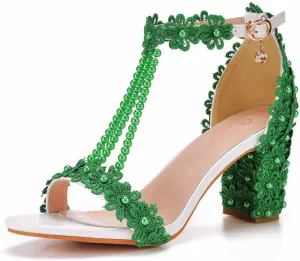 Block Heel Wedding Shoes for Bride Women Chunky Heeled Sandals Lace Beaded Bridal Shoes High heels