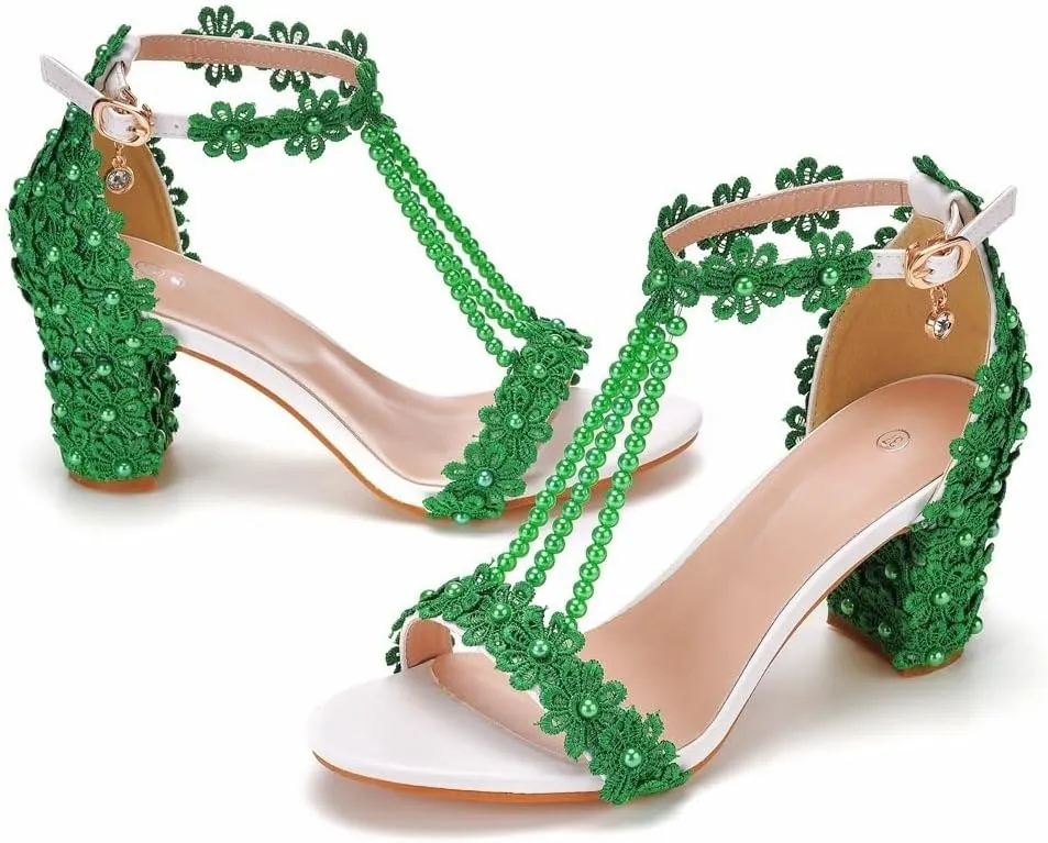 Block Heel Wedding Shoes for Bride Women Chunky Heeled Sandals Lace Beaded Bridal Shoes High heels
