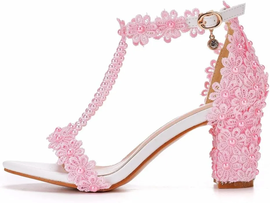 Block Heel Wedding Shoes for Bride Women Chunky Heeled Sandals Lace Beaded Bridal Shoes High heels