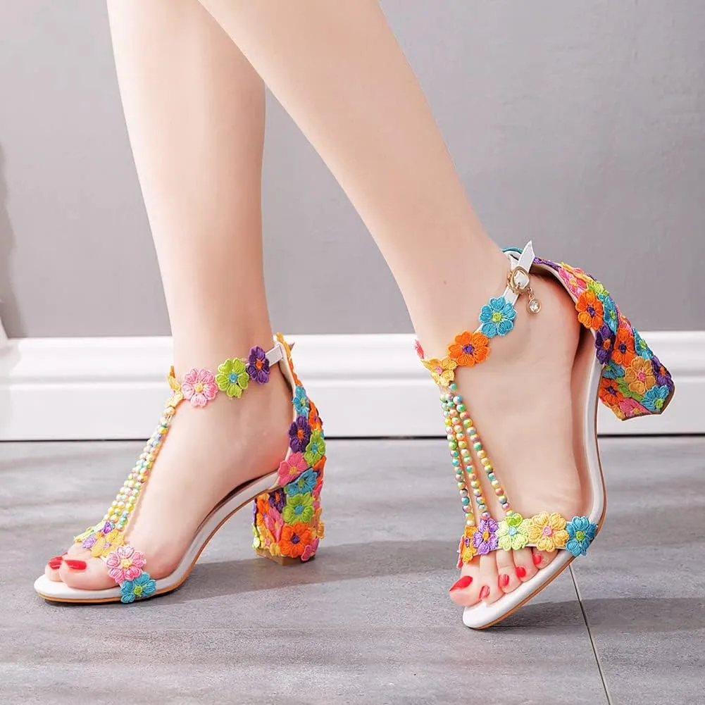 Block Heel Wedding Shoes for Bride Women Chunky Heeled Sandals Lace Beaded Bridal Shoes High heels